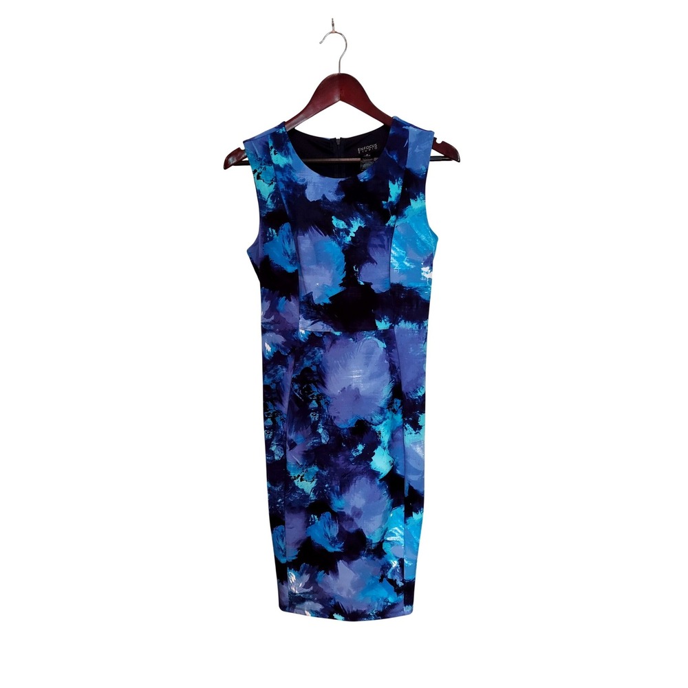 Enfocus Studio Blue Abstract Modern Floral Sleeveless Sheath Dress Size 6 10988